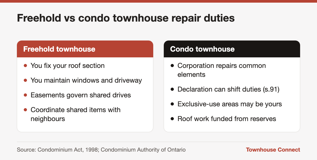 Townhouse repair responsibilities in freehold vs condo townhouses in Ontario